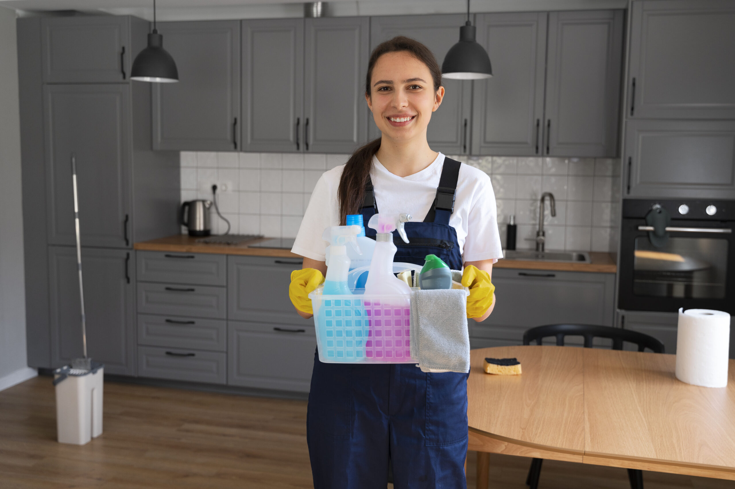 medium shot woman cleaning home
