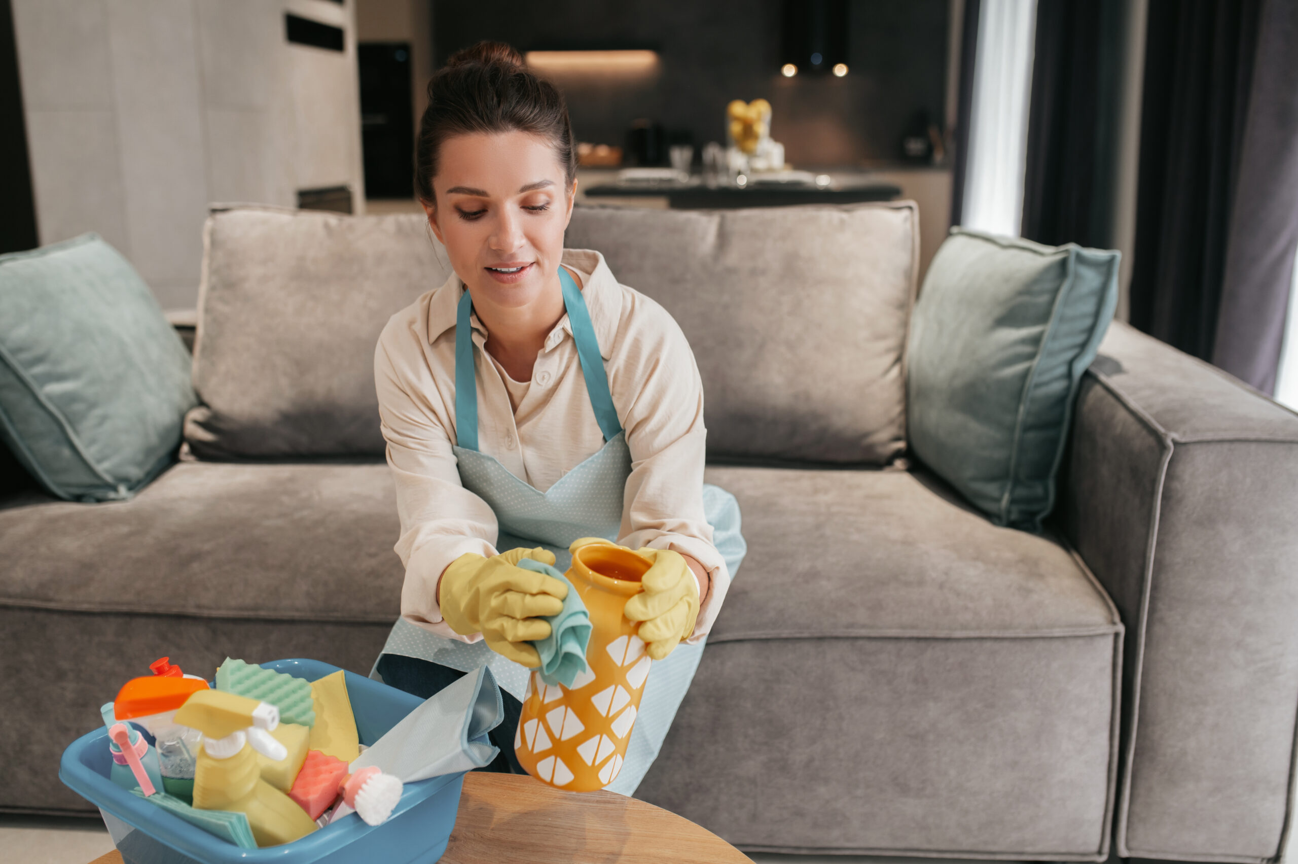 young woman doing housework and looking busy