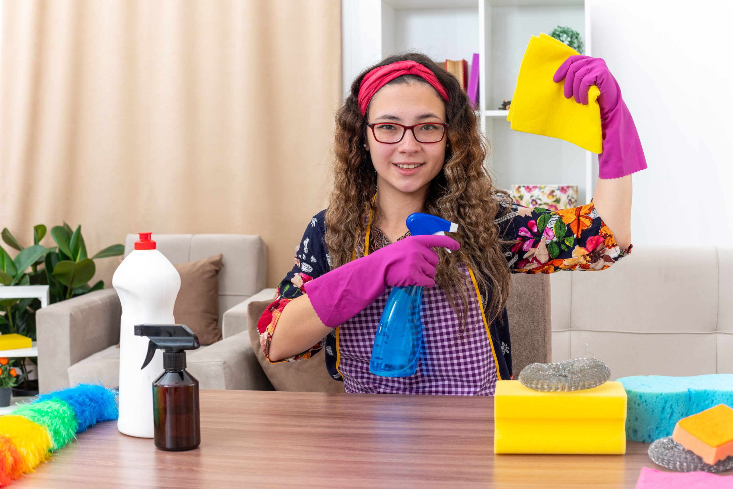 young woman rubber gloves holding rag cleaning spray happy positive smiling sitting table with cleaning supplies tools light living room